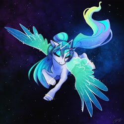 Size: 4096x4096 | Tagged: safe, artist:opalacorn, oc, oc only, alicorn, pony, alicorn oc, eyes closed, flying, horn, solo, space, wings