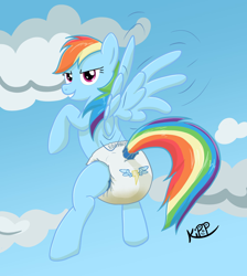 Size: 2004x2236 | Tagged: safe, artist:kipp_otterboy, rainbow dash, pegasus, pony, g4, blue coat, blue sky, butt, cloud, diaper, diaper butt, diaper fetish, diaper usage, diapered, female, fetish, flying, grin, high res, looking at you, looking back, mare, multicolored hair, non-baby in diaper, peeing in diaper, pissing, plot, rainbow hair, sky, sky background, smiling, smirk, soaked diaper, solo, tail, tail hole, urine, used diaper, using diaper, wet diaper, wetting, wetting diaper, white diaper, wings, wonderbolts logo