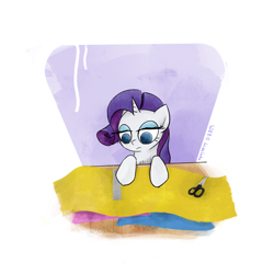 Size: 2048x2048 | Tagged: safe, artist:widelake, rarity, pony, unicorn, g4, desk, fabric, high res, ruler, scissors, silk, simple background, solo, white background