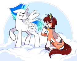 Size: 1200x957 | Tagged: safe, artist:rishi-chan, artist:rishi_chan, oc, oc only, oc:saberspark, pegasus, pony, bell, bell collar, blushing, cloud, coat markings, collar, ears back, floppy ears, laughing, on a cloud, prank, sitting, sitting on a cloud, smiling, socks (coat markings), spread wings, unamused, wings