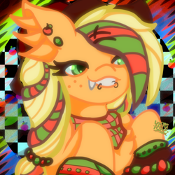 Size: 3000x3000 | Tagged: safe, artist:umbrapone, applejack, earth pony, pony, g4, abstract background, apple, applejack's hat, bandana, beads, bust, checkered background, cowboy hat, ear fluff, ear piercing, fangs, food, freckles, hair accessory, hairpin, hat, high res, lip piercing, piercing, ponytail, rawrified, smiling, solo, straps, striped mane