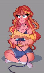 Size: 2293x3778 | Tagged: safe, artist:mylittleyuri, sunset shimmer, human, g4, belly button, blushing, bra, bra strap, breasts, busty sunset shimmer, choker, clothes, controller, cute, ear piercing, earring, female, gamer sunset, gaming, gray background, high res, humanized, jewelry, licking, licking lips, midriff, missing shoes, nail polish, piercing, shimmerbetes, short shirt, shorts, simple background, sitting, socks, solo, tongue out, underwear