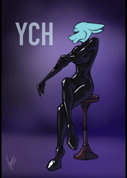 Size: 600x843 | Tagged: safe, artist:stirren, anthro, animated, clothes, commission, female, gloves, latex, latex gloves, latex socks, latex suit, pinup, pose, sitting, socks, stool, your character here