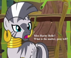 Size: 792x648 | Tagged: safe, edit, edited screencap, editor:korora, screencap, zecora, g4, it isn't the mane thing about you, cropped, ear piercing, earring, implied rarity, jewelry, neck rings, piercing, speech, talking, zecora's hut