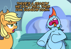 Size: 513x357 | Tagged: safe, artist:ladyanidraws, edit, applejack, rainbow dash, earth pony, pegasus, pony, g4, applejack is not amused, applejack's hat, bed, bedroom, blanket, cowboy hat, cropped, cross-popping veins, dialogue, drool, female, freckles, frown, hat, lying down, mare, multicolored hair, on back, on bed, open mouth, pillow, rainbow dash's bedroom, rainbow hair, text, tongue out, tooth gap, unamused, wings