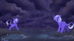 Size: 1920x1080 | Tagged: safe, artist:nootaz, oc, oc only, oc:can opener, pony, fish whisperer, cloud, curved horn, duo, horn, leonine tail, rain, stormy, tail, vylet pony