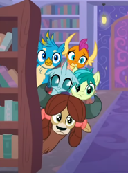 Size: 382x515 | Tagged: safe, screencap, gallus, ocellus, sandbar, smolder, yona, changedling, changeling, dragon, earth pony, griffon, pony, yak, g4, my little pony: friendship is magic, what lies beneath, bookshelf, cropped