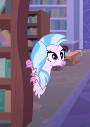 Size: 294x412 | Tagged: safe, screencap, silverstream, classical hippogriff, hippogriff, g4, what lies beneath, bookshelf, cropped, jewelry, necklace, solo