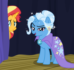 Size: 6012x5664 | Tagged: safe, artist:emeraldblast63, artist:limedazzle, sunset shimmer, trixie, pony, unicorn, comic:the tale of two sunsets, g4, alternate hairstyle, brooch, cape, clothes, jewelry, trixie's brooch, trixie's cape