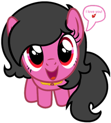 Size: 720x799 | Tagged: safe, part of a set, oc, oc only, oc:filly anon, earth pony, pony, badumsquish's kitties, black mane, black tail, dialogue, emoticlone, female, filly, flower, foal, happy, heart, jewelry, looking at you, looking up, looking up at you, mane, mare, necklace, open mouth, open smile, red eyes, simple background, sitting, smiling, solo, speech bubble, tail, text, transparent background