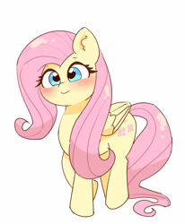 Size: 2800x3400 | Tagged: safe, artist:leo19969525, fluttershy, pegasus, pony, g4, blushing, cute, cyan eyes, ears, ears up, female, high res, mane, mare, pink mane, pink tail, shyabetes, simple background, smiling, solo, tail, walking, white background, wings