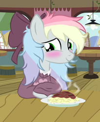 Size: 884x1080 | Tagged: safe, artist:blazyplazy, oc, oc only, oc:blazey sketch, pegasus, pony, blushing, bow, clothes, food, green eyes, grey fur, hair bow, looking away, multicolored hair, pasta, pegasus oc, restaurant, solo, spaghetti, sweater, vector