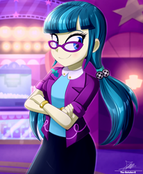 Size: 1784x2163 | Tagged: safe, artist:the-butch-x, juniper montage, human, equestria girls, g4, cinema, clothes, crossed arms, female, glasses, jacket, looking at you, open smile, smiling, smiling at you, solo