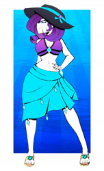 Size: 1200x1971 | Tagged: safe, artist:xan-gelx, rarity, human, equestria girls, g4, abstract background, belly button, bikini, breasts, busty rarity, cleavage, clothes, feet, female, hand on hip, hat, profile, rarity's blue sarong, rarity's purple bikini, sandals, sarong, simple background, solo, sun hat, swimsuit, toes, white background