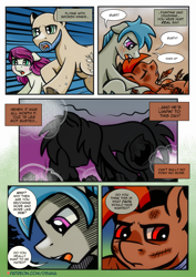 Size: 2481x3508 | Tagged: safe, artist:dsana, oc, oc:black hoof, oc:fireweed, oc:rust wing, oc:thistle, oc:winter rye, earth pony, pegasus, pony, comic:a storm's lullaby, comic, crying, eyes closed, female, male, mare, open mouth, running, speech bubble, stallion