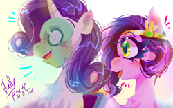 Size: 1920x1200 | Tagged: safe, artist:jully-park, derpibooru exclusive, pipp petals, rarity, pegasus, pony, unicorn, g4, g5, my little pony: a new generation, my little pony: tell your tale, adorapipp, cucumber, cute, duo, female, food, hair curlers, lineless, mare, mud mask, pipp and her heroine