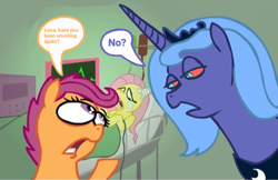 Size: 542x351 | Tagged: safe, artist:brutamod, edit, fluttershy, princess luna, scootaloo, alicorn, pony, g4, abuse, accident, ask-flutterschiavo, asking, bandage, bed, bloodshot eyes, coma, cropped, crown, derp, dialogue, dudeweed, ekg, electrocardiogram, female, filly, flutterbuse, foal, frown, high, horn, hospital, implied drug use, jewelry, lidded eyes, looking at each other, looking at someone, lying down, mare, moon, on back, open mouth, regalia, s1 luna, speech bubble, text, tumblr, unamused