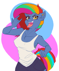 Size: 2512x3056 | Tagged: safe, artist:witchtaunter, oc, oc:blitzkrieg bop, earth pony, anthro, clothes, devil horn (gesture), ear piercing, earring, fist, high res, jeans, jewelry, not evil pie hater dash, pants, piercing, ripped jeans, ripped pants, tank top, tongue out, torn clothes
