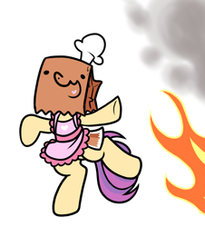Size: 908x1004 | Tagged: safe, artist:paperbagpony, oc, oc:paper bag, pony, apron, chef's hat, clothes, fake cutie mark, female, fire, hat, mare, smoke, standing, standing on one leg
