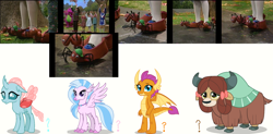 Size: 1368x673 | Tagged: safe, screencap, ocellus, silverstream, smolder, yona, changeling, dragon, hippogriff, yak, g4, ants, barney the dinosaur, bow, clothes, cloven hooves, colored hooves, dragoness, female, hair bow, jewelry, monkey swings, necklace, photo, rating, slippers