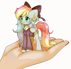 Size: 2832x2758 | Tagged: safe, artist:pledus, oc, oc only, oc:blazey sketch, pegasus, pony, bow, clothes, green eyes, grey fur, hair bow, hand, high res, in goliath's palm, long hair, long tail, micro, multicolored hair, pastel, simple background, size difference, small wings, smol, solo, sweater, tail, tiny, tiny ponies, white background, wings