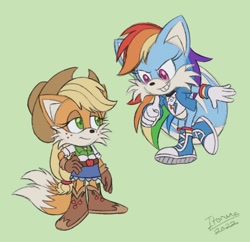 Size: 1102x1068 | Tagged: safe, artist:itoruna-the-platypus, applejack, rainbow dash, fox, anthro, equestria girls, g4, ashleigh ball, clothes, crossover, duo, equestria girls outfit, female, hilarious in hindsight, miles "tails" prower, multiple tails, sonic prime, sonic the hedgehog, sonic the hedgehog (series), sonicified, species swap, spoilers for another series, tail, two tails, voice actor joke, yuji uekawa style