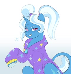 Size: 1157x1200 | Tagged: safe, artist:aztrial, trixie, pony, unicorn, g4, alternate hairstyle, babysitter trixie, clothes, female, grin, hoodie, looking at you, mare, pigtails, smiling, solo
