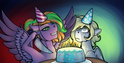 Size: 2000x1024 | Tagged: safe, artist:gusinya, derpibooru exclusive, oc, oc only, oc:beatrice creux, oc:gray bird, pegasus, pony, cake, candle, evil grin, female, food, grin, happy birthday, hat, knife, male, mare, party hat, scared, simple background, smiling, stallion, wings