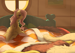 Size: 2508x1764 | Tagged: safe, artist:snspony, discord, fluttershy, draconequus, pegasus, pony, g4, bed, bed mane, covers, female, male, ship:discoshy, shipping, solo focus, straight, waking up, window