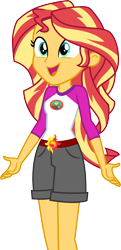 Size: 3000x6205 | Tagged: safe, alternate version, artist:cloudy glow, sunset shimmer, human, equestria girls, g4, my little pony equestria girls: legend of everfree, .ai available, absurd resolution, camp everfree outfits, clothes, cute, denim, denim shorts, embrace the magic, female, happy, legs, long hair, open mouth, shimmerbetes, shorts, simple background, smiling, solo, standing, teenager, transparent background, turquoise eyes, two toned hair, vector, yellow skin