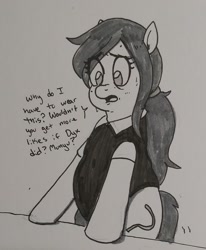 Size: 1356x1644 | Tagged: safe, artist:pony quarantine, oc, oc only, oc:anon-mare, earth pony, pony, clothes, dialogue, fat, female, grayscale, mare, monochrome, shirt, solo, sweat, traditional art