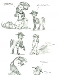 Size: 1100x1435 | Tagged: safe, artist:baron engel, apple bloom, rarity, oc, oc:stone mane (baron engel), earth pony, pony, unicorn, g4, colt, female, filly, foal, male, mare, monochrome, pencil drawing, story included, tail, tail wag, traditional art