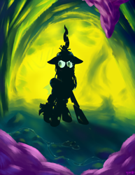 Size: 2550x3300 | Tagged: safe, artist:skoon, queen chrysalis, changeling, changeling queen, g4, cave, cavern, female, glowing, glowing eyes, high res, sillhouette, stalactite, stalagmite, volumetric light, water