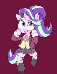 Size: 923x1200 | Tagged: safe, artist:k-nattoh, starlight glimmer, unicorn, semi-anthro, g4, arm hooves, bipedal, bowtie, clothes, cute, female, glimmerbetes, horn, looking at you, mare, open mouth, red background, school uniform, shoes, simple background, skirt, socks, solo, uniform