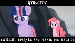 Size: 1536x889 | Tagged: safe, artist:varianfunkin', edit, edited screencap, screencap, pinkie pie, twilight sparkle, alicorn, earth pony, pony, g4, my little pony: the movie, angry, argument, atrocity (song), duo, friday night funkin', text, twilight sparkle (alicorn)