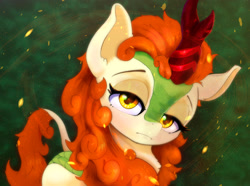 Size: 3000x2234 | Tagged: safe, artist:xbi, autumn blaze, kirin, g4, sounds of silence, abstract background, awwtumn blaze, cute, female, frown, high res, looking at you, solo, tabun art-battle finished after