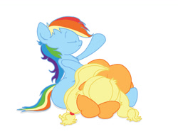 Size: 1348x1017 | Tagged: artist needed, safe, applejack, rainbow dash, earth pony, pegasus, pony, g4, 4chan, applebutt, butt, covering eyes, duo, eyes closed, over the knee, plot, simple background, sitting, spanking, white background