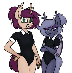 Size: 1676x1704 | Tagged: safe, artist:moonatik, oc, oc only, oc:selenite, oc:timetable, bat pony, bat pony unicorn, hybrid, unicorn, anthro, anthro oc, bat pony oc, bodysuit, clothes, crossed arms, eyeshadow, female, hair bun, hand on hip, horn, legs together, leotard, looking at you, makeup, mare, simple background, smiling, tail, tail bun, thighs, white background, wings