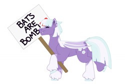 Size: 1280x854 | Tagged: safe, artist:itstechtock, oc, oc only, oc:snow violet, bat pony, female, mare, sign, simple background, solo, white background