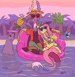 Size: 1276x1322 | Tagged: safe, artist:tashidelashi, discord, fluttershy, bird, blue jay, draconequus, fish, pegasus, pony, seal, g4, coconut cup, crossed legs, drinking straw, fan, fanning, female, food, glasses, hat, heart shaped glasses, inflatable, male, mordecai, music notes, pineapple, pineapple cup, pool toy, regular show, relaxing, ship:discoshy, shipping, sitting, straight, summer, sunglasses, tree, water, wing hold, wings