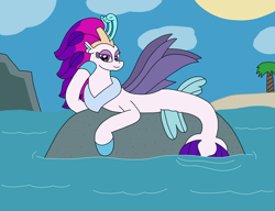 Size: 3183x2448 | Tagged: safe, artist:supahdonarudo, queen novo, seapony (g4), g4, my little pony: the movie, beach, cloud, draw me like one of your french girls, high res, hoof on cheek, looking at you, lying down, ocean, palm tree, prone, rock, sun, tree, water