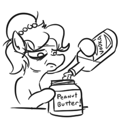 Size: 259x256 | Tagged: safe, artist:jargon scott, edit, oc, oc:brownie bun, pony, alcohol, cropped, drinking, exhausted, food, messy mane, peanut butter, peanut butter jar, solo, sorrow knows how to swim, tired, vodka