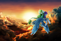 Size: 2700x1800 | Tagged: safe, artist:anastas, oc, hybrid, original species, pegasus, pony, unicorn, bird tail, blue fur, cloud, cloudscape, commission, crepuscular rays, detailed background, duo, duo female, excited, excitement, feather, feathered wings, female, flying, green eyes, green fur, green hair, green mane, markings, purple eyes, purple hair, purple mane, sky, smiling, spread wings, sternocleidomastoid, sun, sunset, tail, wings