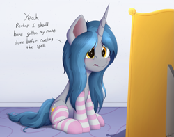 Size: 2213x1744 | Tagged: safe, artist:arcane-thunder, oc, oc only, oc:arcane thunder, pony, unicorn, clothes, female, implied transformation, mare, messy mane, rule 63, socks, solo, striped socks, text