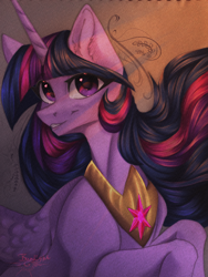 Size: 3120x4160 | Tagged: safe, artist:jsunlight, twilight sparkle, alicorn, pony, g4, absurd file size, female, high res, jewelry, mare, peytral, regalia, smiling, solo, traditional art, twilight sparkle (alicorn)