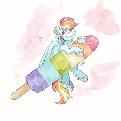 Size: 4658x4658 | Tagged: safe, artist:lightisanasshole, rainbow dash, pegasus, pony, g4, abstract background, female, food, popsicle, solo, tiny, tiny ponies, traditional art, watercolor painting