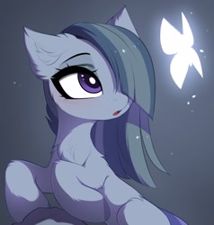 Size: 1951x2048 | Tagged: safe, artist:magnaluna, marble pie, butterfly, earth pony, pony, g4, cute, ear fluff, female, glowing, hair over one eye, mare, open mouth, solo