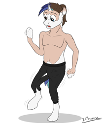 Size: 1024x1224 | Tagged: safe, artist:furnaise, shining armor, g4, clothes, eye color change, hooves, human to pony, male, mid-transformation, open mouth, pants, simple background, solo, stallion, transformation, white background