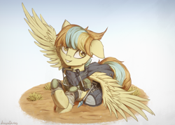 Size: 1520x1080 | Tagged: safe, artist:adagiostring, oc, oc only, pegasus, pony, fallout equestria, armor, clothes, commission, cute, female, floppy ears, fluffy, gun, mare, sitting, smiling, solo, spread wings, weapon, wings, ych result