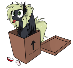 Size: 2769x2590 | Tagged: safe, artist:fenixdust, oc, oc only, oc:veen sundown, pegasus, pony, apple, blonde, box, ear piercing, female, food, herbivore, high res, kazoo, mare, musical instrument, pegasus oc, piercing, pony in a box, simple background, sitting, solo, sundown clan, transparent background, wing piercing, wings